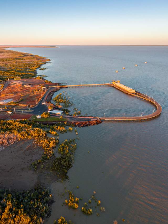 Aerial view of Derby Jetty, showing its unique horseshoe shape.