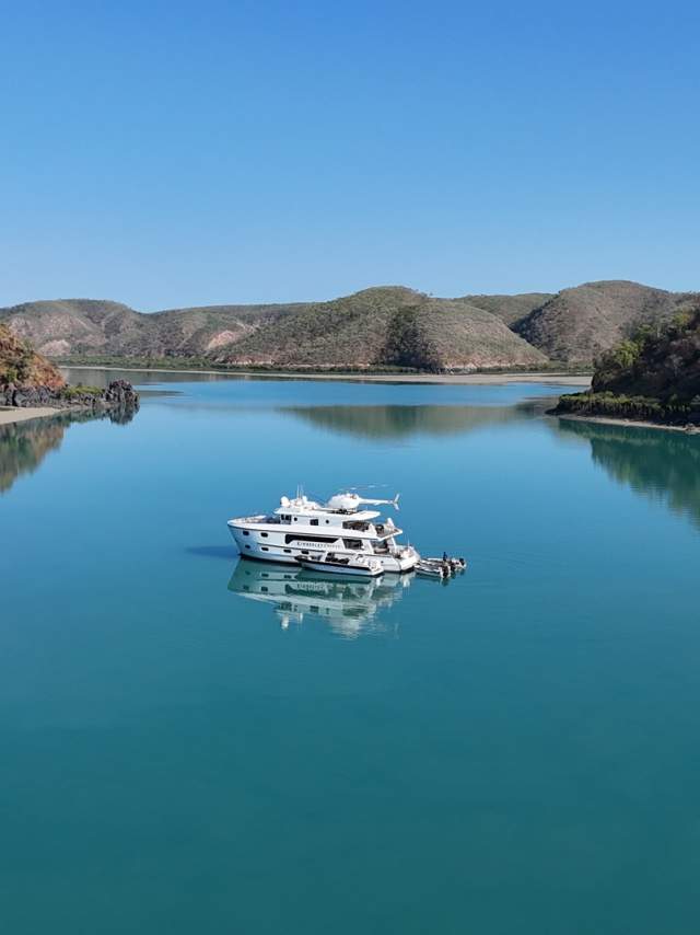View of the Kimberley Quest cruise vessel amongst the islands of the Buccaneer Archipelago