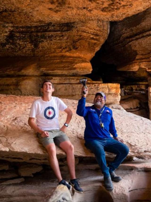 Girloorloo Tours at Mimbi Caves, 100km east of Fitzroy Crossing in the Kimberley. Ronnie and James on tour