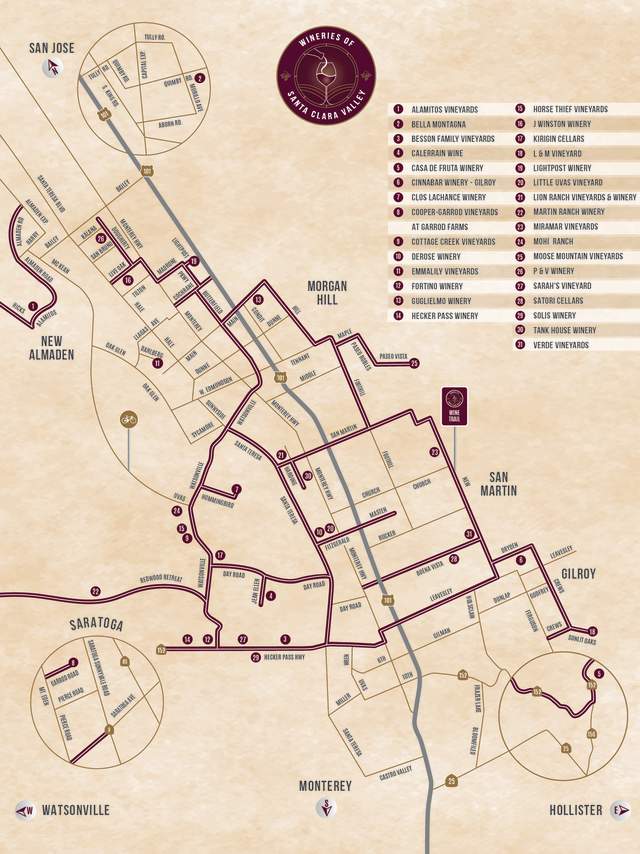 Map of the Wineries of Santa Clara Valley Wine Trail, showing 31 unique wineries that are part of the Association.