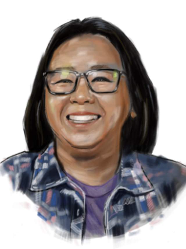 Illustration of woman with dark hair and glasses