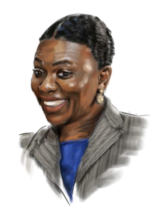 Headshot illustration of person in a grey blazer and blue shirt