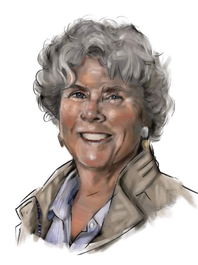 Illustration of a woman with tan jacket and popped collar and short grey hair