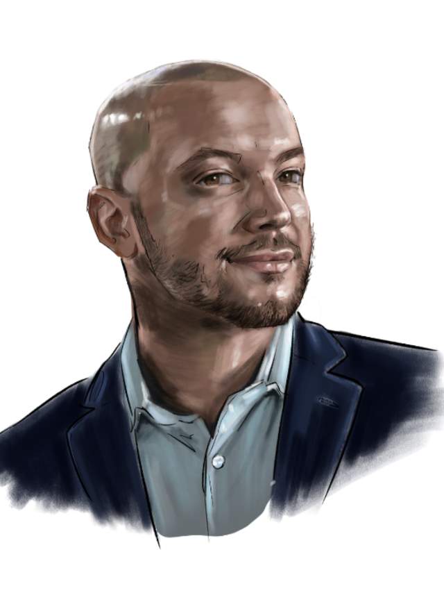 Headshot illustration of person with a beard, button-up collared shirt, and blue blazer
