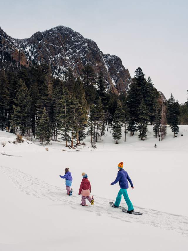 three people trek through a snowy landscape on snowshoes with a large mountain in the background