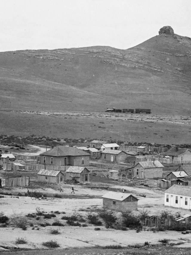 A  black-and-white image shows Lake Valley before it became a ghost town.