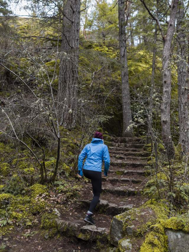 A woman walks up the stairs at Valentine Mountain.