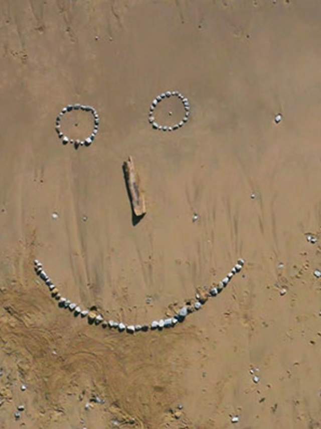 A smiling face on the beach made from shells, rocks and driftwood