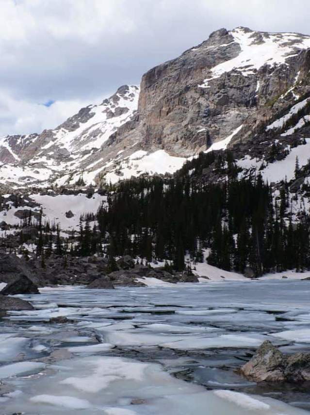 Frozen lake with snowy mountains