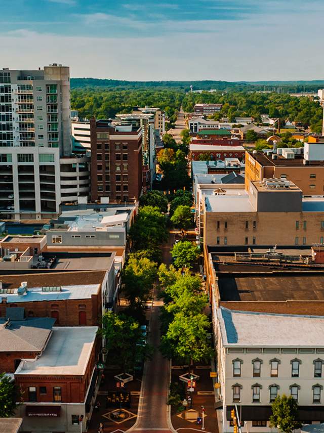 Downtown Kalamazoo aerial view showcases the expanse of buildings and wonderful architecture surrounding the Kalamazoo Mall.