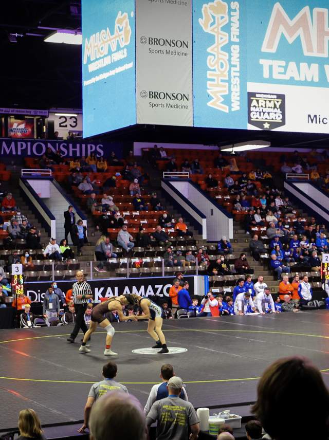 A wrestling match at the MHSA finals