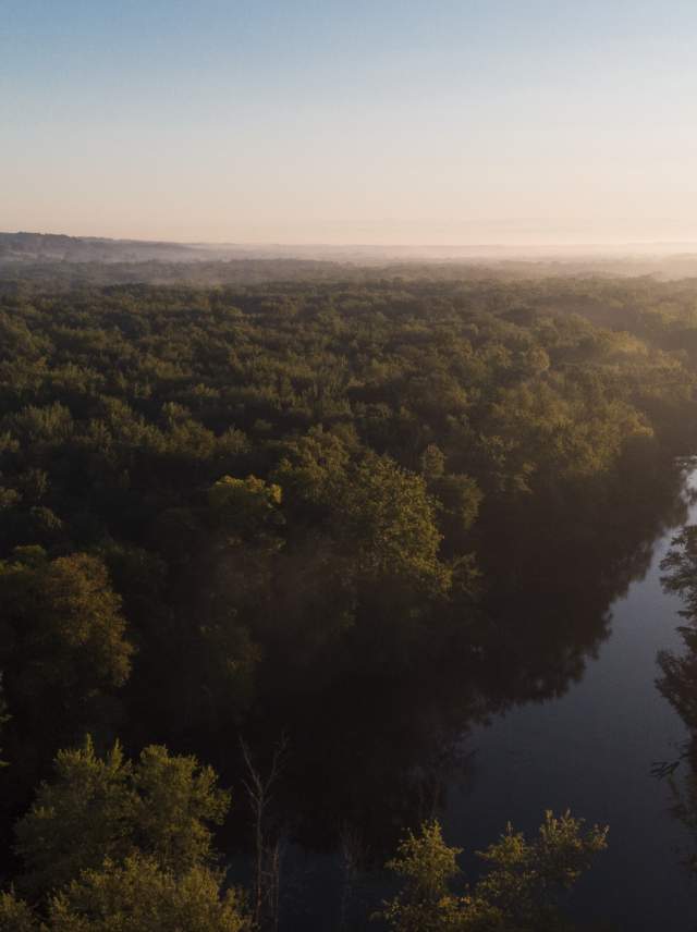 Aerial view of a river winding through a wooded area