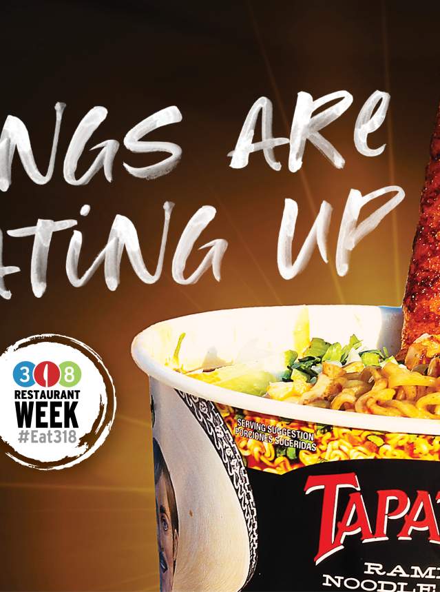 Promo graphic for 318 Restaurant Week 2023 - "Things Are Heating Up" text with dates May 7-13, 2023, featuring image of a Birria taco in a ramen noodle cup