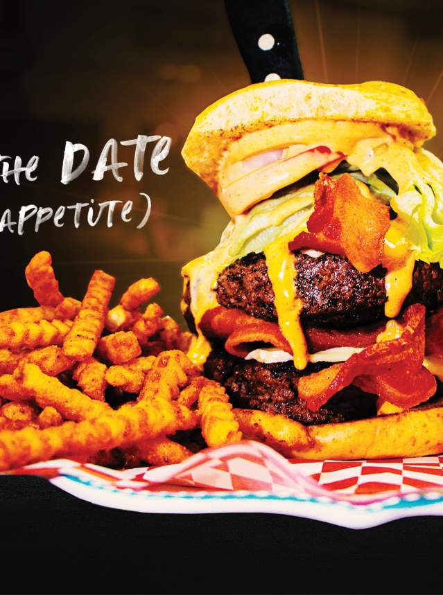 Promo graphic for 318 Restaurant Week - reads "Save the Date (and your appetite)" and features a picture of a triple-stacked burger and crinkle fries and the dates May 7-13, 2023