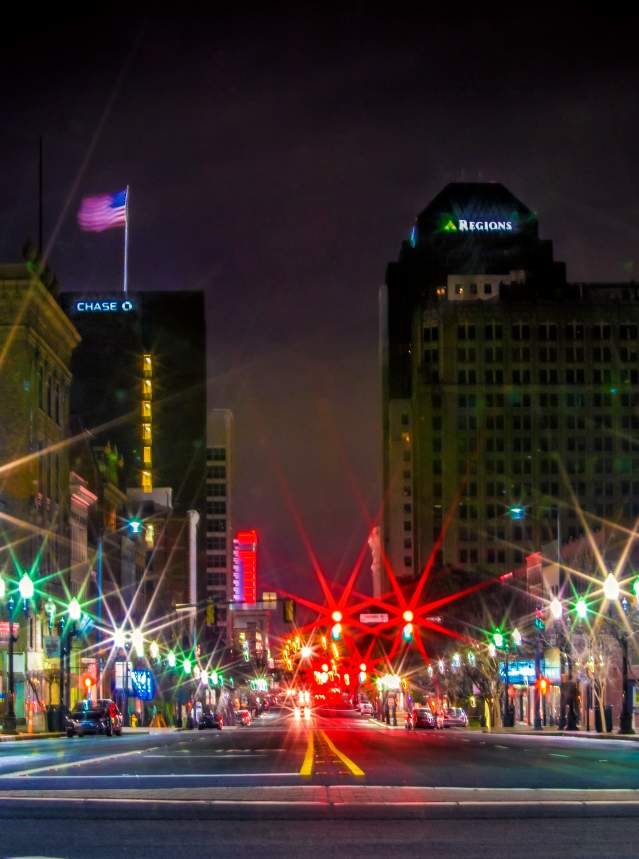 Bright lights on Texas Street in downtown Shreveport, Louisiana