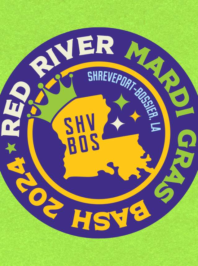 2024 Red River Mardi Gras Bash Promotional Graphic - features Mardi Gras bead design with crowned Louisiana in center on a bright green background, presented by Visit Shreveport-Bossier in the corner