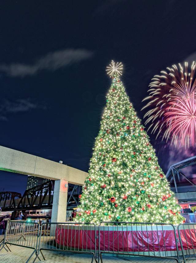 Fireworks light the sky behind a lighted Christmas tree on Shreveport's riverfront