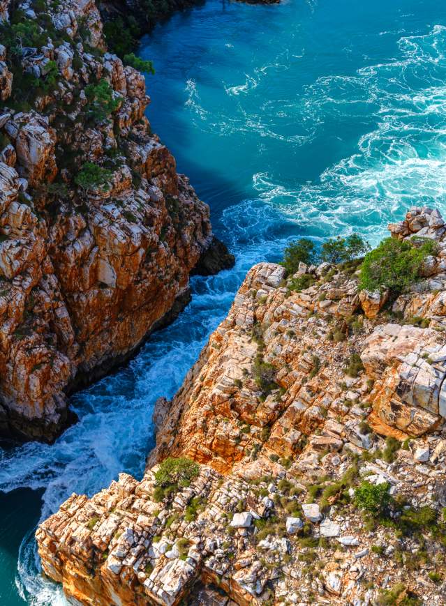 Aerial view of the tide flowing through Garaan-ngaddim Horizontal Falls in Dambimangari country on the Kimberley Coast
