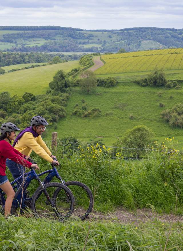 A man and woman riding mountain bikes along a track, on the South Downs