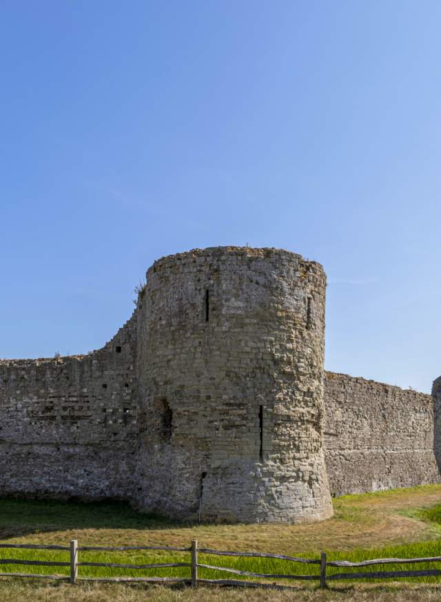 A wide shot of Pevensey castle in the sunshine