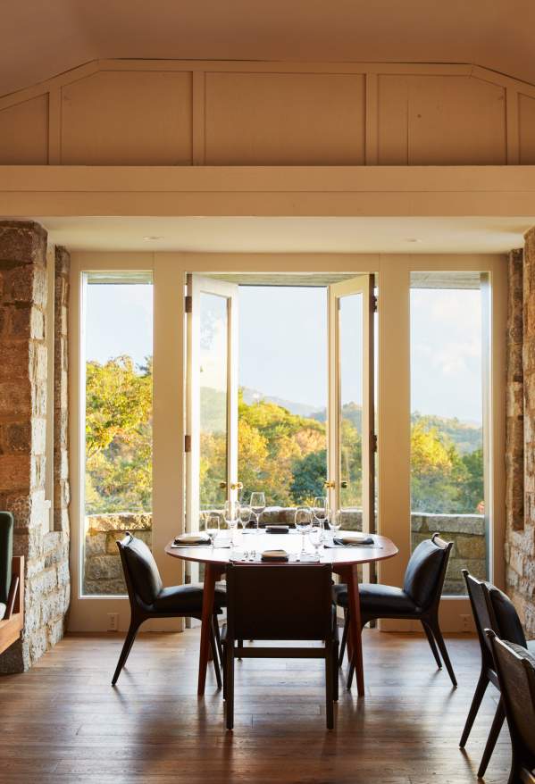 The empty dining room at Oak Steakhouse in Highlands, North Carolina.