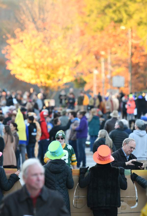 People walking on Main Street in Highlands, North Carolina during the Halloween on Main event.