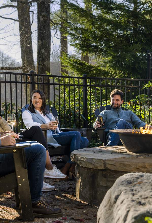 Two men and two women sitting around a fire pit.