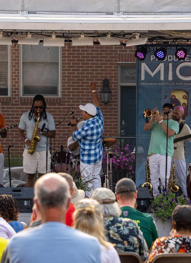 JazzFest stage with musicians performing