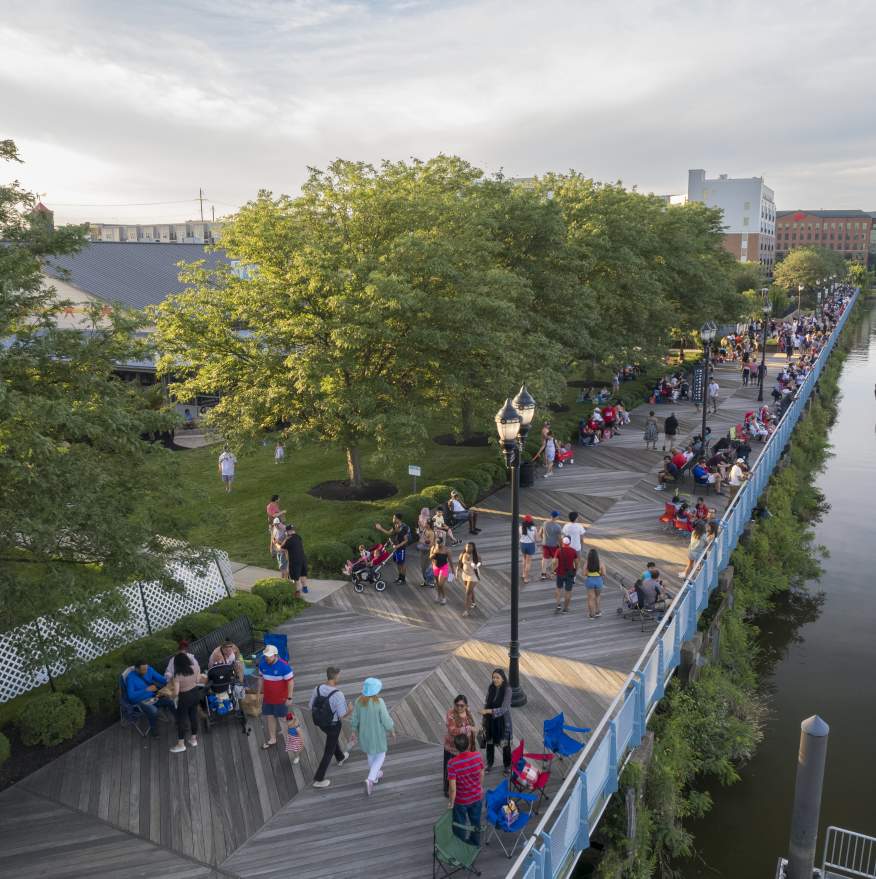 Riverfront Wilmington, aerial view of the riverwalk