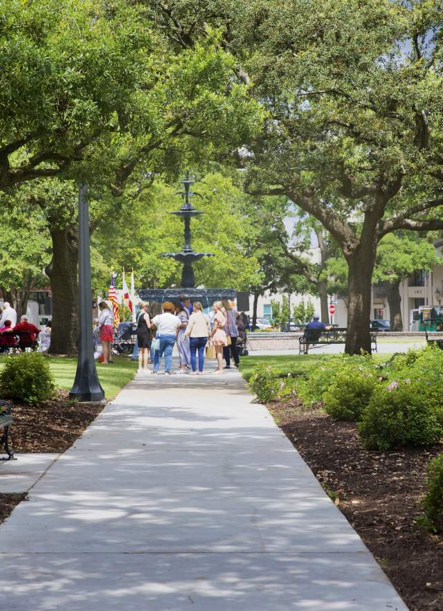 Looking into Bienville Square with oak trees, plants and park benches