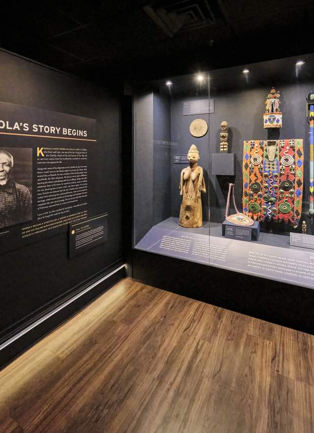 African artifacts in a display cabinet