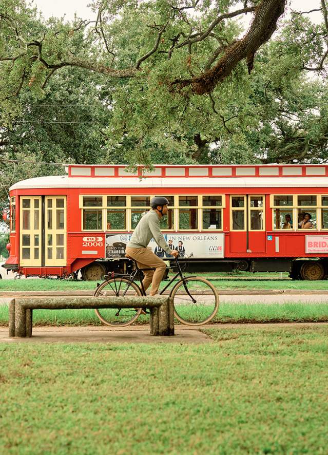 Canal Street Streetcar Passing A Biker in City Park