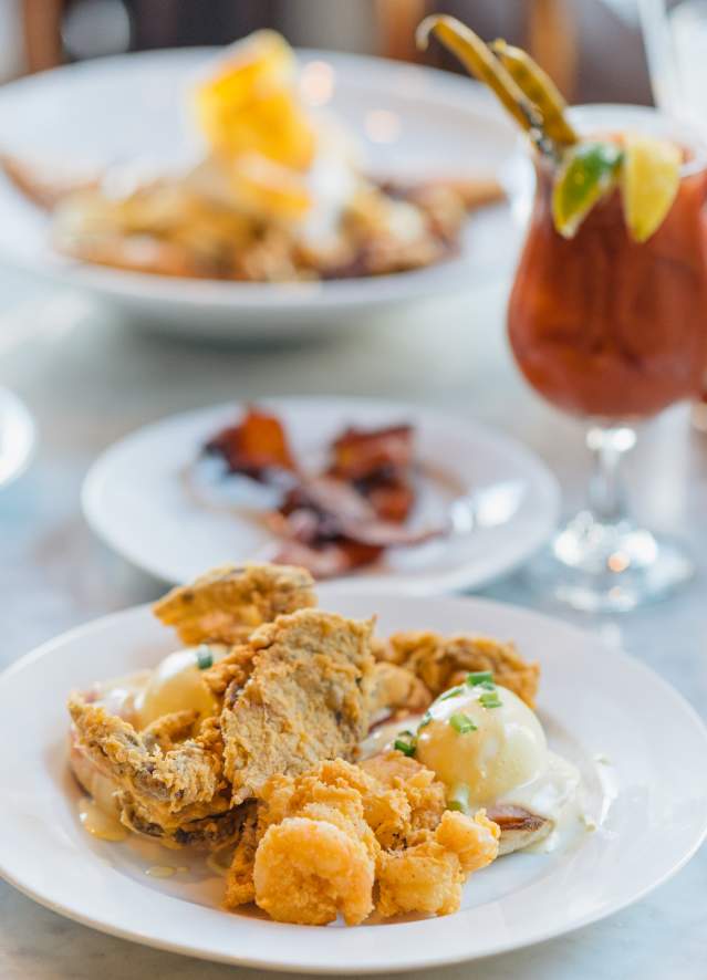 Bananas Foster French Toast and Breakfast Seafood Platter - Brunch at Stanley