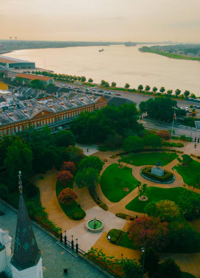 Sunrise over Jackson Square and the Mississippi River