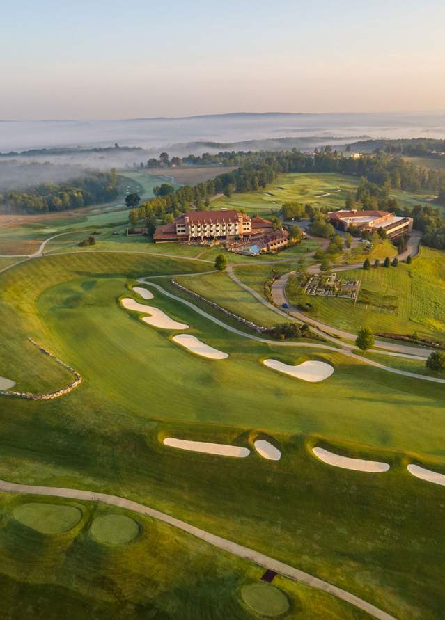 drone view of the Falling Rock golf course at Nemacolin resort.