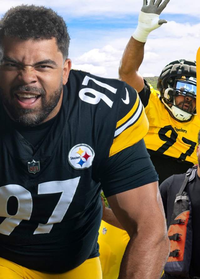 Cam Heyward images on bike, raft and playing ball.