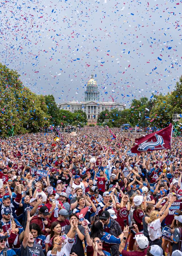 A massive crowd celebrates the Av's Stanley Cup win in front of the Denver Capitol building