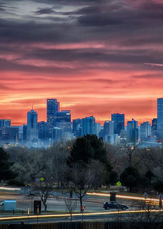 Denver skyline at sunset.