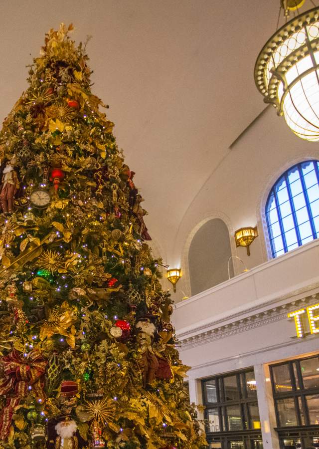 large Christmas tree by Terminal bar inside Denver Union station