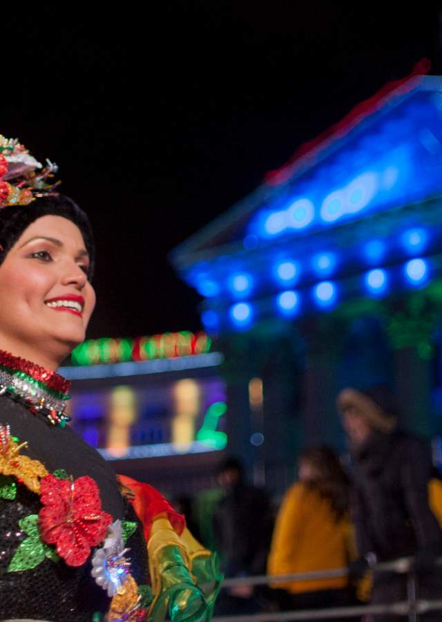 Woman walking in parade of lights in front of the City & country building wearing shimmering cultural costume