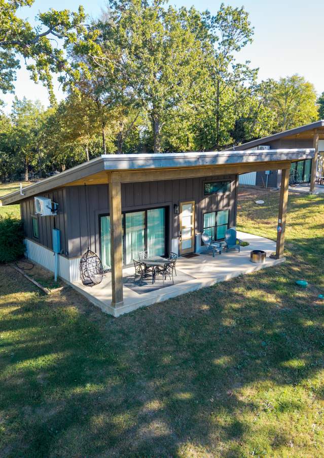 Exterior view of cozy Texas Tiny Cabins near Denison and Lake Texoma