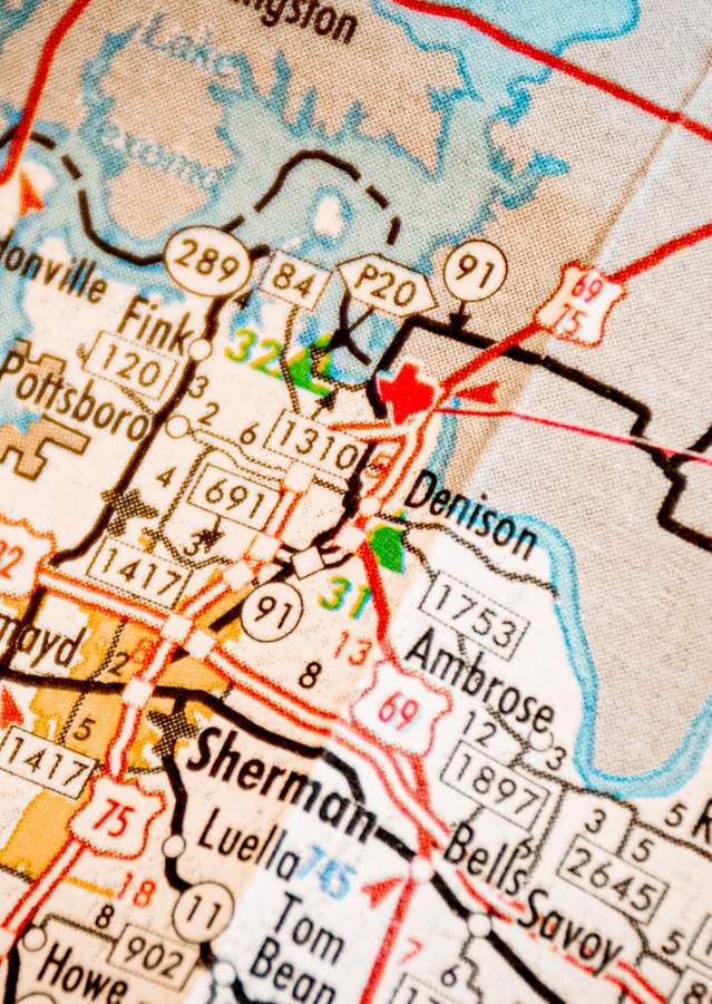 Zoomed in photo of map highlighting Denison, Texas