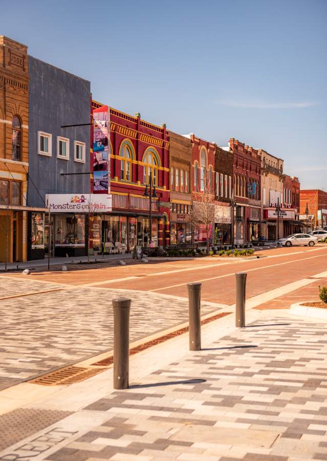 Shops and historic buildings along the 400 block of Main Street in Denison
