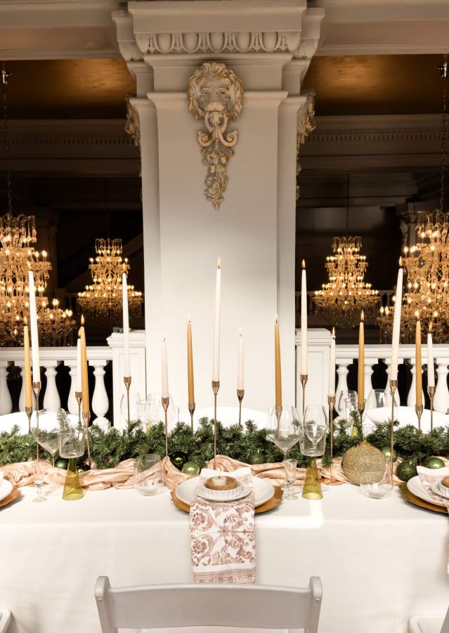 Elegant wedding reception table setup inside the historic Katy Depot