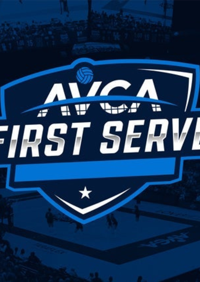 AVCA First Serve logo layered on top of an dark blue shaded image of a volleyball court.