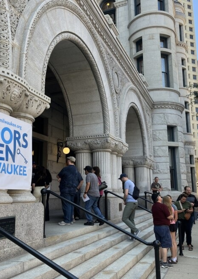 Visitors line up outside a historic Milwaukee building during Doors Open Milwaukee.
