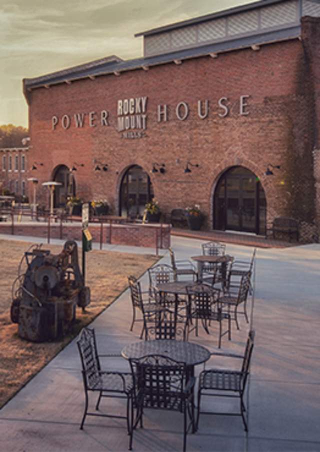 Outdoor seating at the Power House at Rocky Mount Mills in Rocky Mount, North Carolina