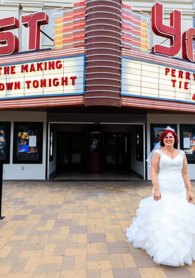 Bride in front of Yost Theatre