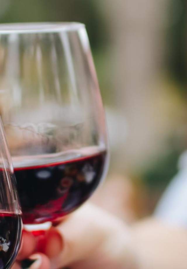 Friends cheering with glasses of wine at home