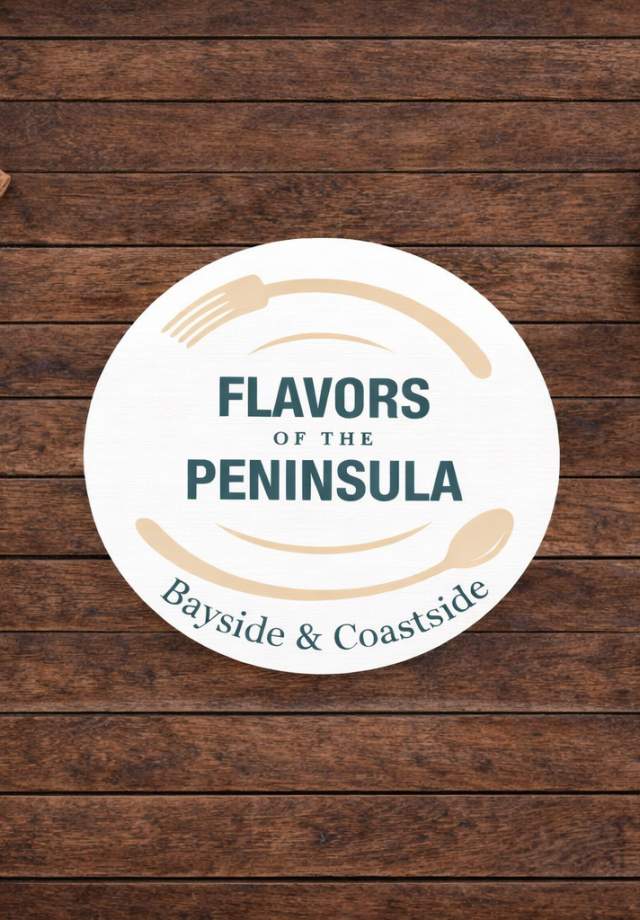 Flavors of the Peninsula logo on a brown table with plates of food